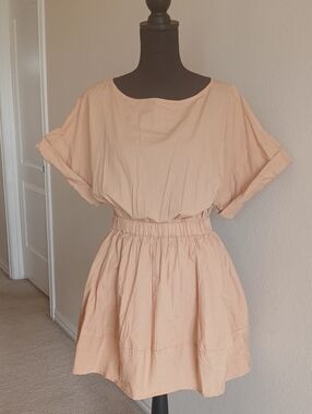 Free People Light Tan Short Sleeve Elastic-Waist Mini Dress